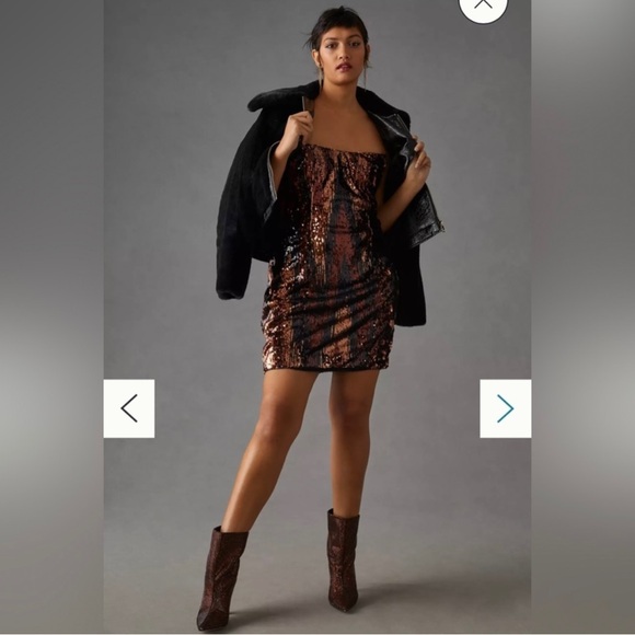 Anthropologie Strapless Sequin Mini Dress in Rose Gold, Black, & Rust Streak I 4 - Picture 5 of 10